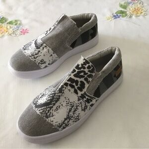 Women’s Slip-On Sneakers in Gray and White with Mixed Animal Prints